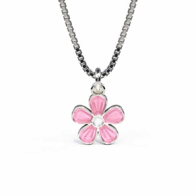 HALSKJEDE I SØLV - ROSA BLOMST