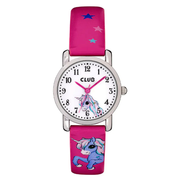 CLUB BARNEKLOKKE I MØRK ROSA MED ENHJØRNING